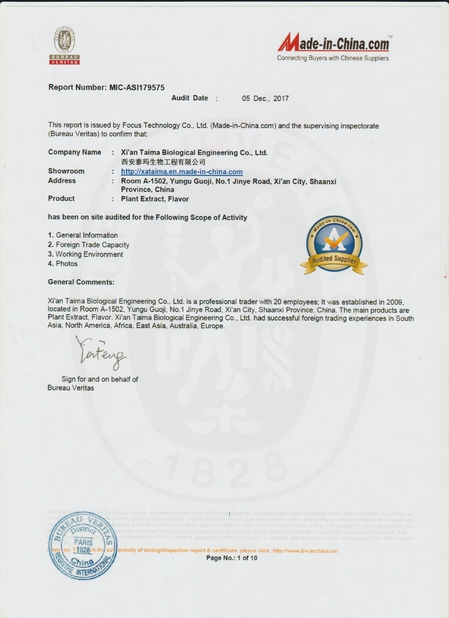 Porcellana Xi'an Taima Biological Engineering Co.Ltd Certificazioni