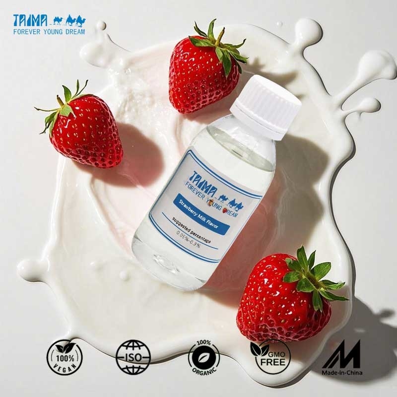 Aroma concentrato di latte e fragola, grado USP, disponibile in forma liquida o in polvere